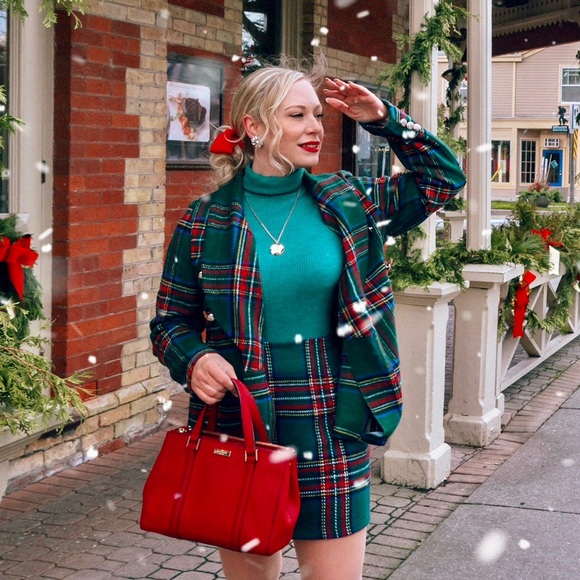 Jackets & Blazers - Plaid Women's Blazer and Matching Skirt - Green and Red